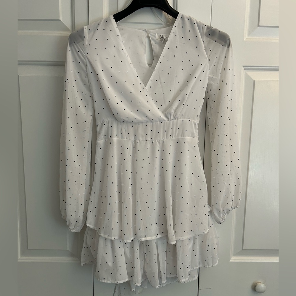 Japna White Dress- sheer fabric + subtle black dots. V-neck with elastic waist.